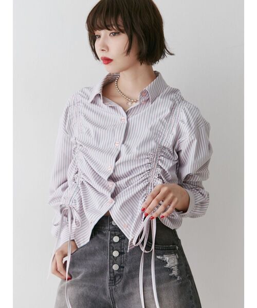 jouetie（ジュエティ）の「ストライプリボンギャザーシャツ（シャツ/ブラウス・レディース・ブルー/オフホワイト/ピンク・MEDIUM）」の13枚目の写真