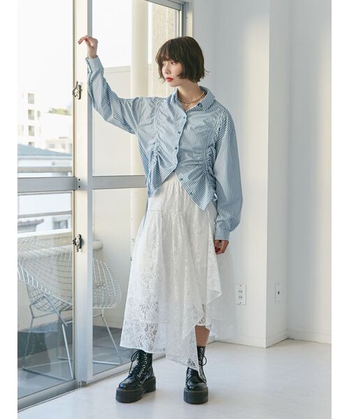 jouetie（ジュエティ）の「ストライプリボンギャザーシャツ（シャツ/ブラウス・レディース・ブルー/オフホワイト/ピンク・MEDIUM）」の16枚目の写真