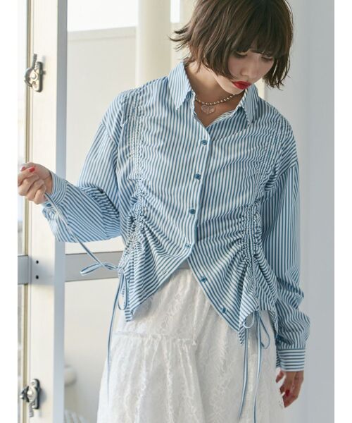 セール】ストライプリボンギャザーシャツ（シャツ/ブラウス）｜jouetie