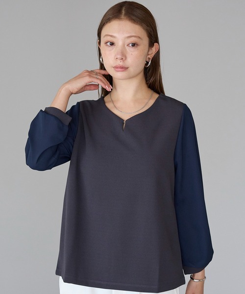 セール】大人上品見えボールホック付きブラウス（ビジネスシャツ