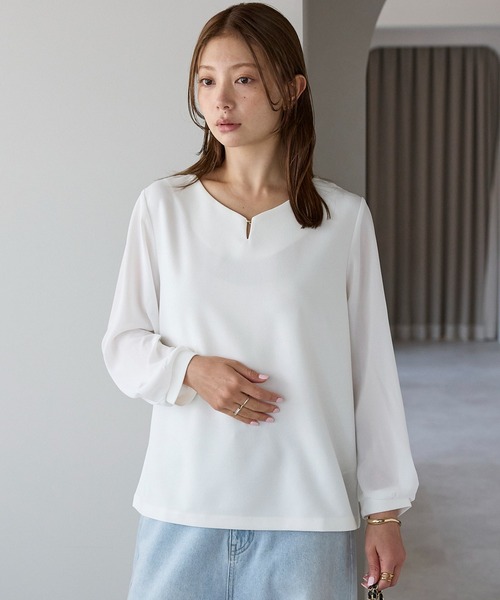 セール】大人上品見えボールホック付きブラウス（ビジネスシャツ