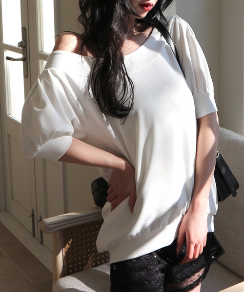 ROYAL PARTY(ロイヤルパーティー)の「ネオプレーンオフショルトップス(Tシャツ/カットソー・レディース・ブラック/オフホワイト/ブルー・FREE)」の5枚目の写真