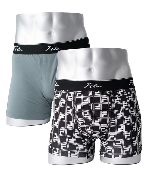 FILA（フィラ）の「FILA フィラ 筆記体 ブランド ロゴ ウエストバンド 前閉じ 立体成型 ストレッチ ボクサーパンツ トランクス 下着 2枚セット セットアイテム（ボクサーパンツ・メンズ・ブラック×グレー/ブラック×グリーン・LL/M/L）」の2枚目の写真