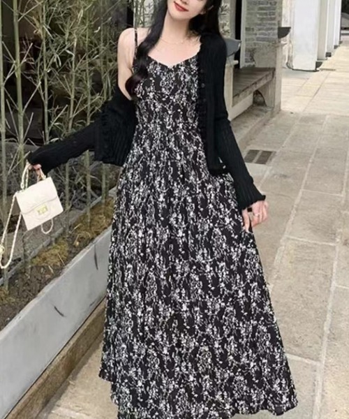 花柄　キャミワンピース　モノトーン　白黒 セール】モノトーン小花キャミワンピース（ワンピース）｜SpRay