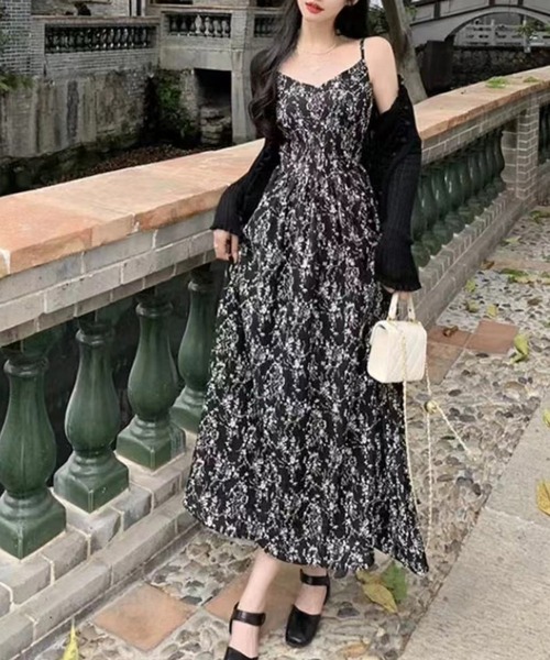 花柄　キャミワンピース　モノトーン　白黒 セール】モノトーン小花キャミワンピース（ワンピース）｜SpRay