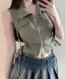 Dalfwin | 韓国ファッション ブルジップシャーリングデザインブラウスベスト(ベスト)