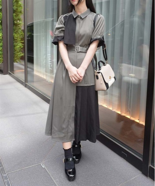 axes femme（アクシーズファム）の「プリーツバイカラーワンピース（シャツワンピース・レディース・グレー/カーキ/ネイビー・FREE）」の2枚目の写真