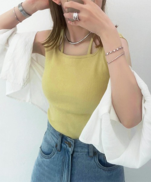 KOBE LETTUCE（コウベレタス）の「前後2wayカップ付きホルターストラップリブキャミソール（タンクトップ・レディース・オフホワイト/アイボリー系/ライトグリーン/マスタード/モカ/ブラック・L/M）」の5枚目の写真