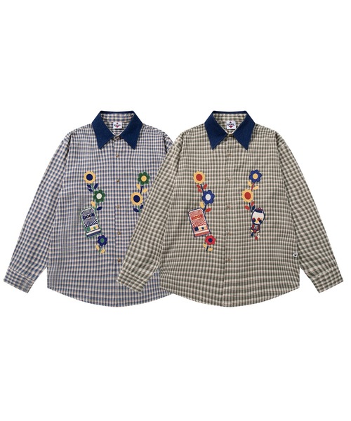 HOOK(フック)の「HOOK -original- レトロ調花パッチワーク刺繍チェック柄長袖シャツ(シャツ/ブラウス・メンズ・グリーン/ブルー・XL/M/L)」の5枚目の写真