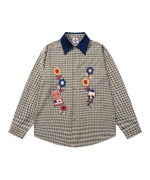セール】HOOK -original- レトロ調花パッチワーク刺繍チェック柄長袖