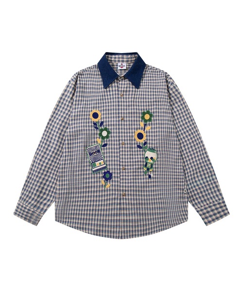 セール】HOOK -original- レトロ調花パッチワーク刺繍チェック柄長袖