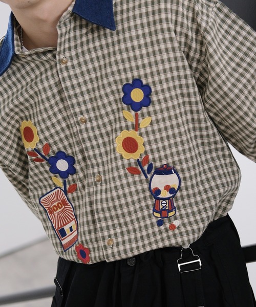 HOOK(フック)の「HOOK -original- レトロ調花パッチワーク刺繍チェック柄長袖シャツ(シャツ/ブラウス・メンズ・グリーン/ブルー・XL/M/L)」の22枚目の写真