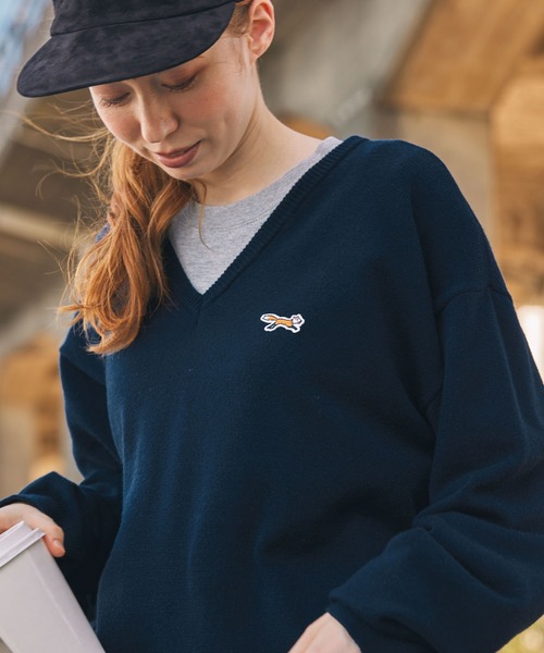 ダークブルー Vネックニット ジッパー付き PENNEYS/ペニーズ 別注 THE FOX ロゴワッペン刺繍 Vネックニット