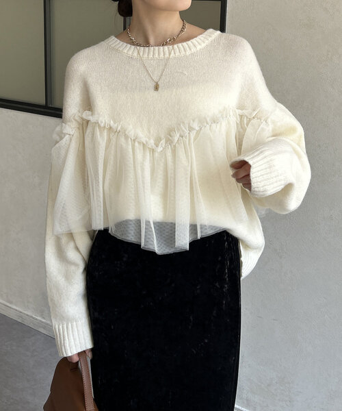 Thevon（ゼボン）の「チュールビスチェドッキングニット（ニット/セーター・レディース・チャコールグレー/ブラック/アイボリー/ブルー・FREE）」の5枚目の写真