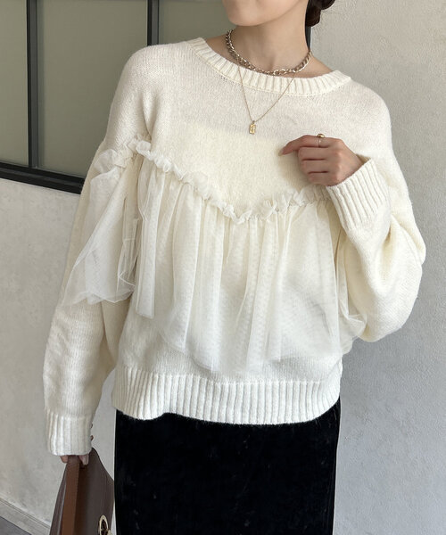 Thevon（ゼボン）の「チュールビスチェドッキングニット（ニット/セーター・レディース・チャコールグレー/ブラック/アイボリー/ブルー・FREE）」の10枚目の写真