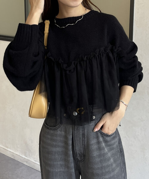 Thevon（ゼボン）の「チュールビスチェドッキングニット（ニット/セーター・レディース・チャコールグレー/ブラック/アイボリー/ブルー・FREE）」の14枚目の写真