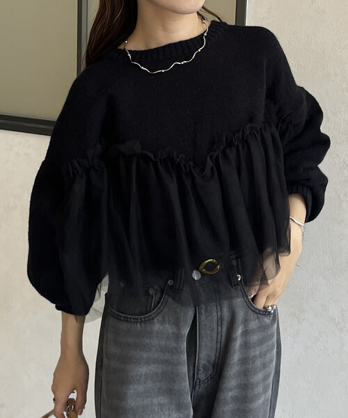 Thevon（ゼボン）の「チュールビスチェドッキングニット（ニット/セーター・レディース・チャコールグレー/ブラック/アイボリー/ブルー・FREE）」の18枚目の写真