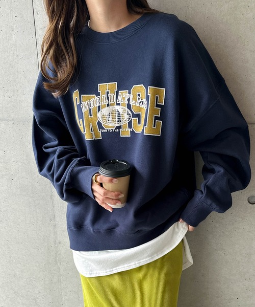 CRUISE ロゴ プリント 裏毛 スウェット トップス チャコール×ボルドー セール】CRUISEロゴプリント裏毛スウェットトップス（スウェット