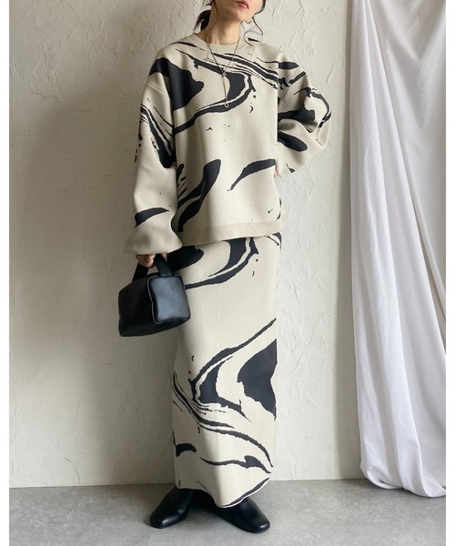 She's Closet(シーズクローゼット)の「マーブルニュアンス柄ジャガードハイウエストニットタイトロングスカート(スカート・レディース・ネイビー/アイボリー/ブラック・FREE)」の14枚目の写真