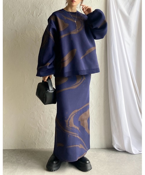 She's Closet(シーズクローゼット)の「マーブルニュアンス柄ジャガードハイウエストニットタイトロングスカート(スカート・レディース・ネイビー/アイボリー/ブラック・FREE)」の20枚目の写真