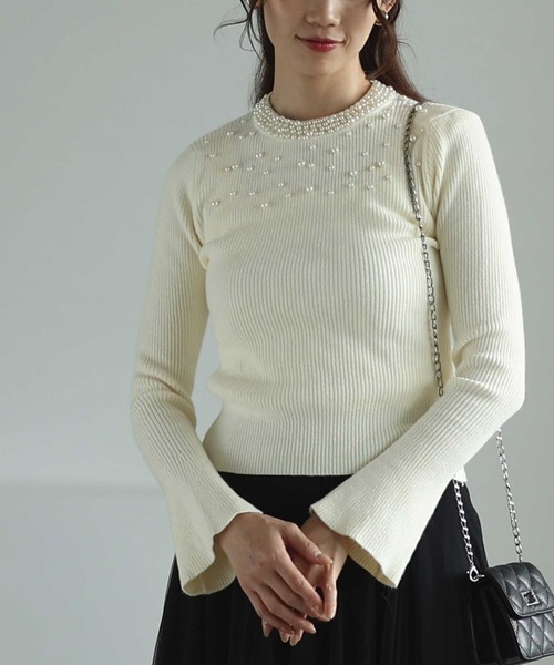 パールネックリブニットトップス（ニット/セーター）｜Sawa a la mode（サワアラモード） 6,501円