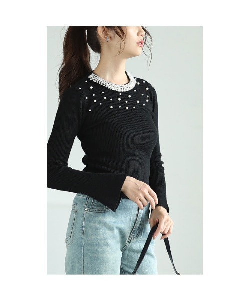 Sawa a la mode(サワアラモード)の「パールネックリブニットトップス(ニット/セーター・レディース・ブラック/オフホワイト・FREE)」の14枚目の写真