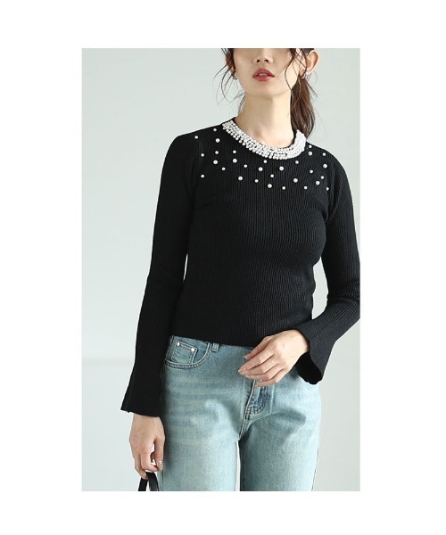 Sawa a la mode(サワアラモード)の「パールネックリブニットトップス(ニット/セーター・レディース・ブラック/オフホワイト・FREE)」の16枚目の写真