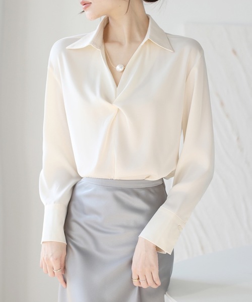 スキッパーネック フロント ツイスト 長袖 シャツ（シャツ/ブラウス