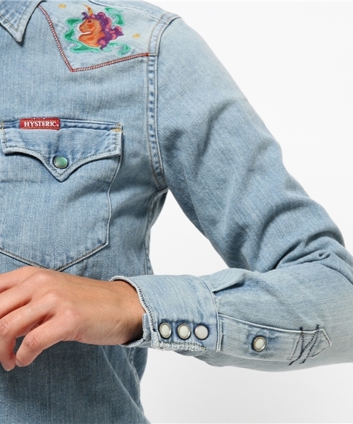 HYSTERIC GLAMOUR（ヒステリックグラマー）の「JUPITER刺繍USED加工 デニム長袖ウエスタンSH（シャツ/ブラウス・レディース・インディゴブルー・MEDIUM/SMALL）」の6枚目の写真