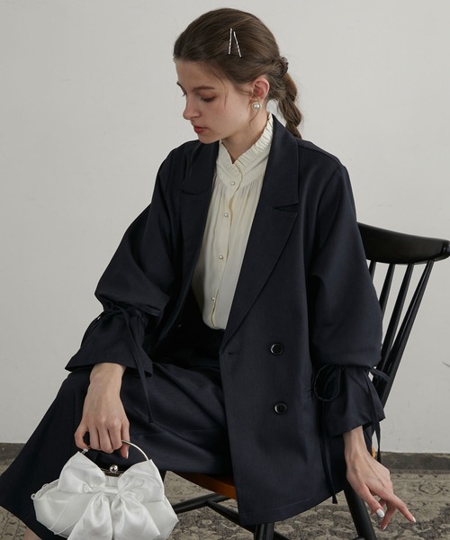 BONLECILL noir（ボンルシールノワール）の「【BONLECILL noir】2way袖リボンテーラードジャケット＆センタープレススラックス（セットアップ・レディース・ネイビー/チャコールグレー/ブラック/ブラウン・S-M/M-L/S/M/L）」の4枚目の写真