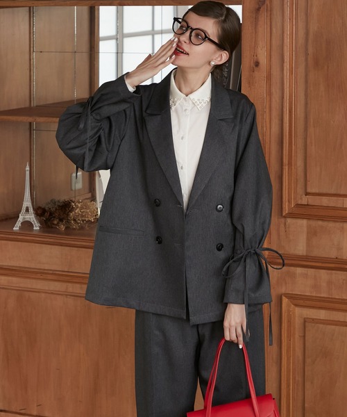 BONLECILL noir（ボンルシールノワール）の「【BONLECILL noir】2way袖リボンテーラードジャケット＆センタープレススラックス（セットアップ・レディース・ネイビー/チャコールグレー/ブラック/ブラウン・S-M/M-L/S/M/L）」の19枚目の写真