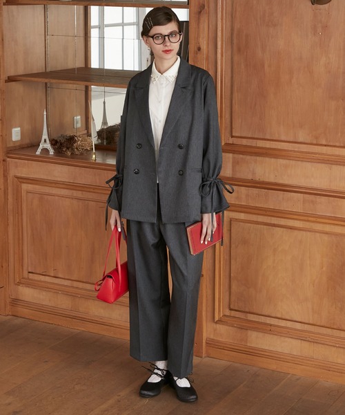 BONLECILL noir（ボンルシールノワール）の「【BONLECILL noir】2way袖リボンテーラードジャケット＆センタープレススラックス（セットアップ・レディース・ネイビー/チャコールグレー/ブラック/ブラウン・S-M/M-L/S/M/L）」の21枚目の写真