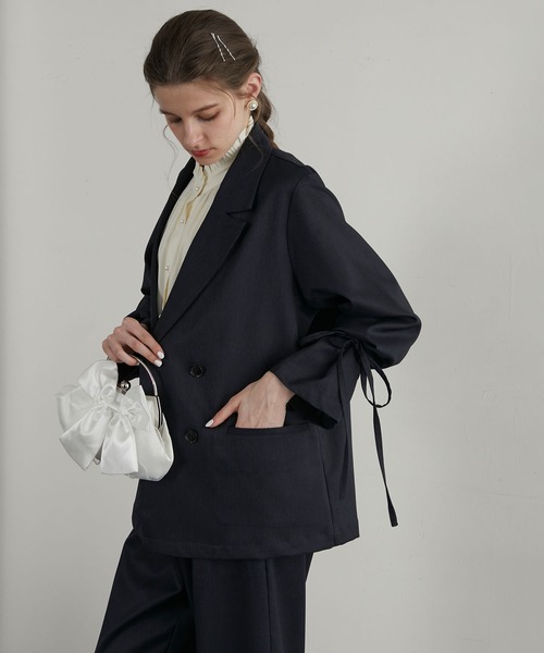 BONLECILL noir（ボンルシールノワール）の「【BONLECILL noir】2way袖リボンテーラードジャケット＆センタープレススラックス（セットアップ・レディース・ネイビー/チャコールグレー/ブラック/ブラウン・S-M/M-L/S/M/L）」の9枚目の写真