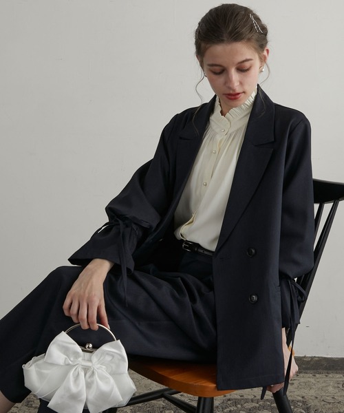 BONLECILL noir（ボンルシールノワール）の「【BONLECILL noir】2way袖リボンテーラードジャケット＆センタープレススラックス（セットアップ・レディース・ネイビー/チャコールグレー/ブラック/ブラウン・S-M/M-L/S/M/L）」の12枚目の写真
