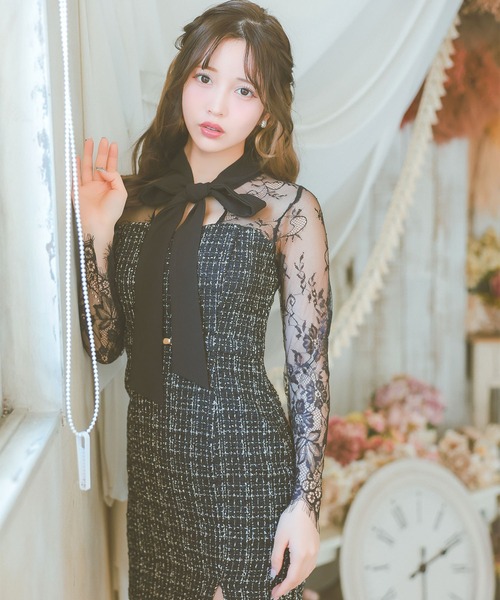 Tika（ティカ）の「キャバドレス ミニ タイト 長袖 ツイード レーススリーブウエストベルトネックリボンドレス ワンピース キャバワンピ（ワンピース・レディース・ブラック/ホワイト・L/M/S/XL）」の19枚目の写真