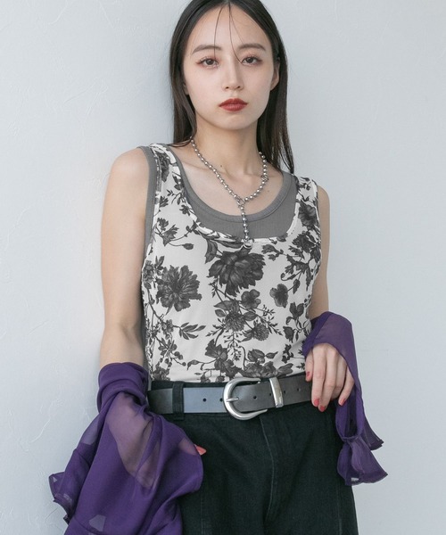 HARE(ハレ)の「フラワーガラレイヤードタンク(HARE)(タンクトップ・レディース・ブラック/ホワイト・FREE)」の2枚目の写真