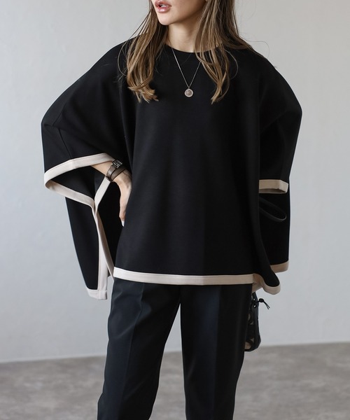 Bonjour Sagan（ボンジュールサガン）の「ライトダンボール配色ポンチョ（ポンチョ・レディース・ライトベージュ/ブラック・FREE）」の15枚目の写真