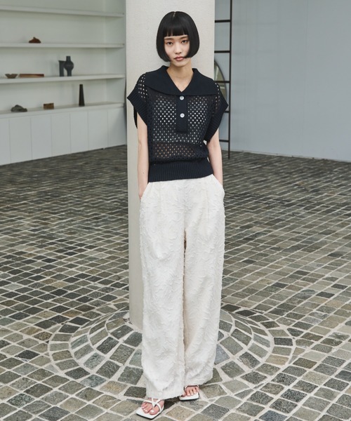 AIC.（エーアイシー）の「ビッグカラーメッシュニットポロ（ポロシャツ・レディース・ベージュ/ネイビー・FREE）」の10枚目の写真