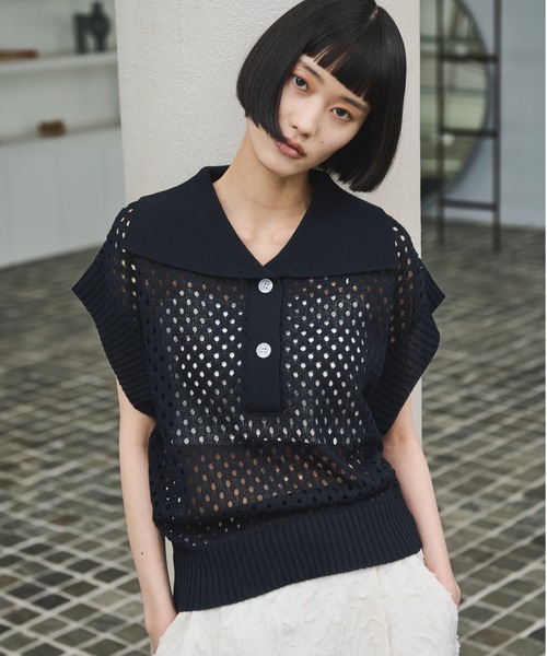 AIC.（エーアイシー）の「ビッグカラーメッシュニットポロ（ポロシャツ・レディース・ベージュ/ネイビー・FREE）」の5枚目の写真