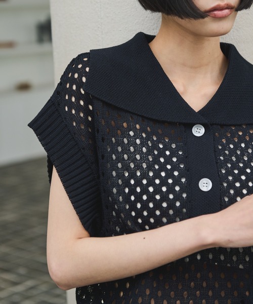 AIC.（エーアイシー）の「ビッグカラーメッシュニットポロ（ポロシャツ・レディース・ベージュ/ネイビー・FREE）」の7枚目の写真