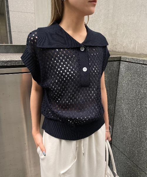 AIC.（エーアイシー）の「ビッグカラーメッシュニットポロ（ポロシャツ・レディース・ベージュ/ネイビー・FREE）」の15枚目の写真