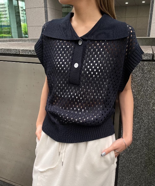 AIC.（エーアイシー）の「ビッグカラーメッシュニットポロ（ポロシャツ・レディース・ベージュ/ネイビー・FREE）」の16枚目の写真