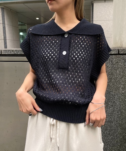 AIC.（エーアイシー）の「ビッグカラーメッシュニットポロ（ポロシャツ・レディース・ベージュ/ネイビー・FREE）」の17枚目の写真