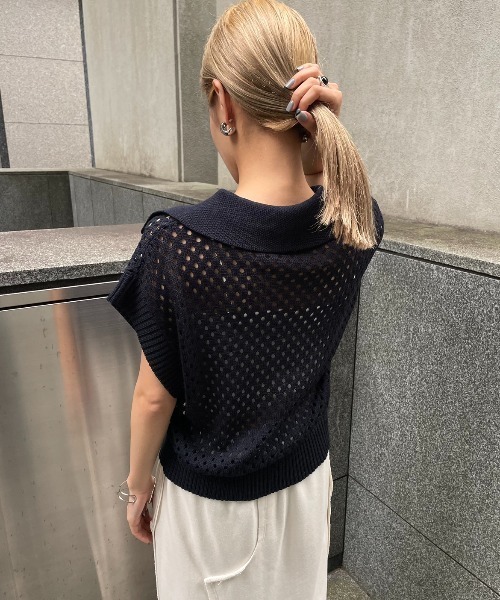 AIC.（エーアイシー）の「ビッグカラーメッシュニットポロ（ポロシャツ・レディース・ベージュ/ネイビー・FREE）」の18枚目の写真