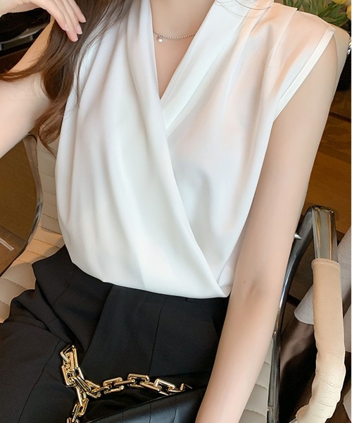 BLANC FICELLE（ブランフィセル）の「カシュクール　ノースリーブシャツ（シャツ/ブラウス・レディース・グリーン/ピンク/アイボリー/ベージュ/ブラック・S/M/L/XL）」の7枚目の写真