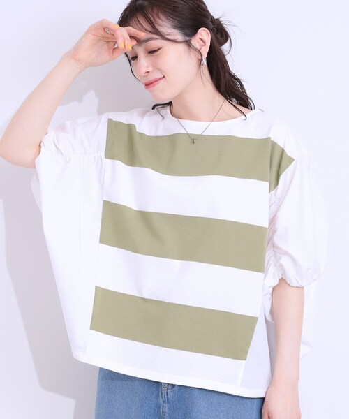 SHOO・LA・RUE(シューラルー)の「ふわりシルエットが新しい ワイドピッチボーダートップス(Tシャツ/カットソー・レディース・ブラック系2/ベージュ系2/オリーブ系2・01/02/03/04)」の3枚目の写真