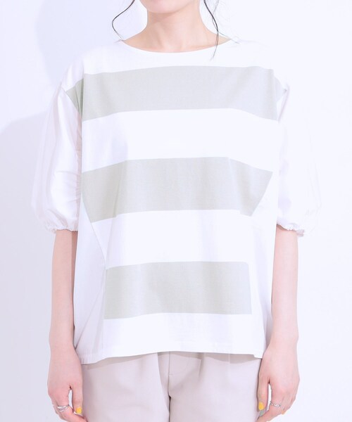 SHOO・LA・RUE(シューラルー)の「ふわりシルエットが新しい ワイドピッチボーダートップス(Tシャツ/カットソー・レディース・ブラック系2/ベージュ系2/オリーブ系2・01/02/03/04)」の16枚目の写真