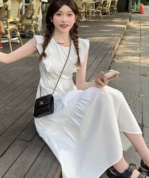 urge:(アージコロン )の「【URGE:】フリル ノースリーブ ロング丈 ティアード ワンピース(ワンピース・レディース・パープル/ホワイト・SMALL/MEDIUM/LARGE/X-LARGE)」の4枚目の写真