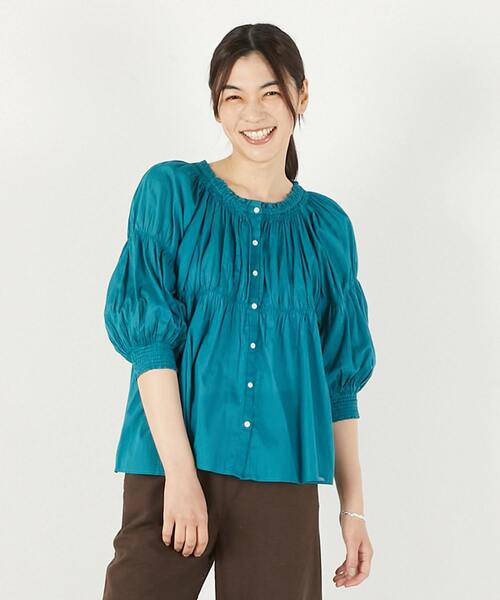 DOUBLE STANDARD CLOTHING - 青空スカイブルー フリルとギャザーシャーリングシャツ セール】ギャザーシャーリングブラウス（シャツ/ブラウス