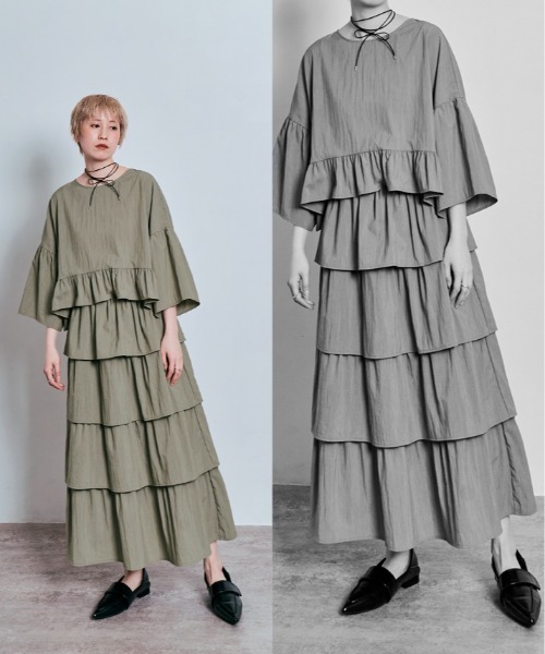 W:Huku(フーク)の「ドライタッチ 4段 ティアード ロング スカート(スカート・レディース・オフホワイト/カーキ/チャコール・FREE)」の9枚目の写真